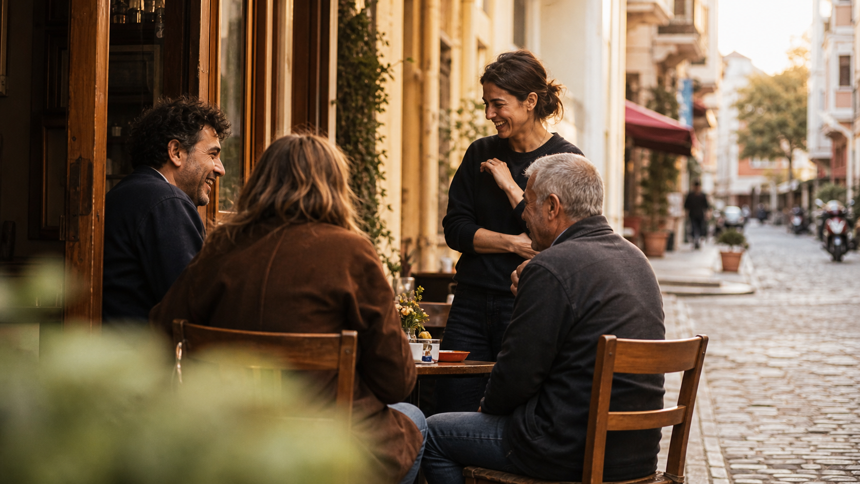 A warm local conversation at a neighborhood cafe