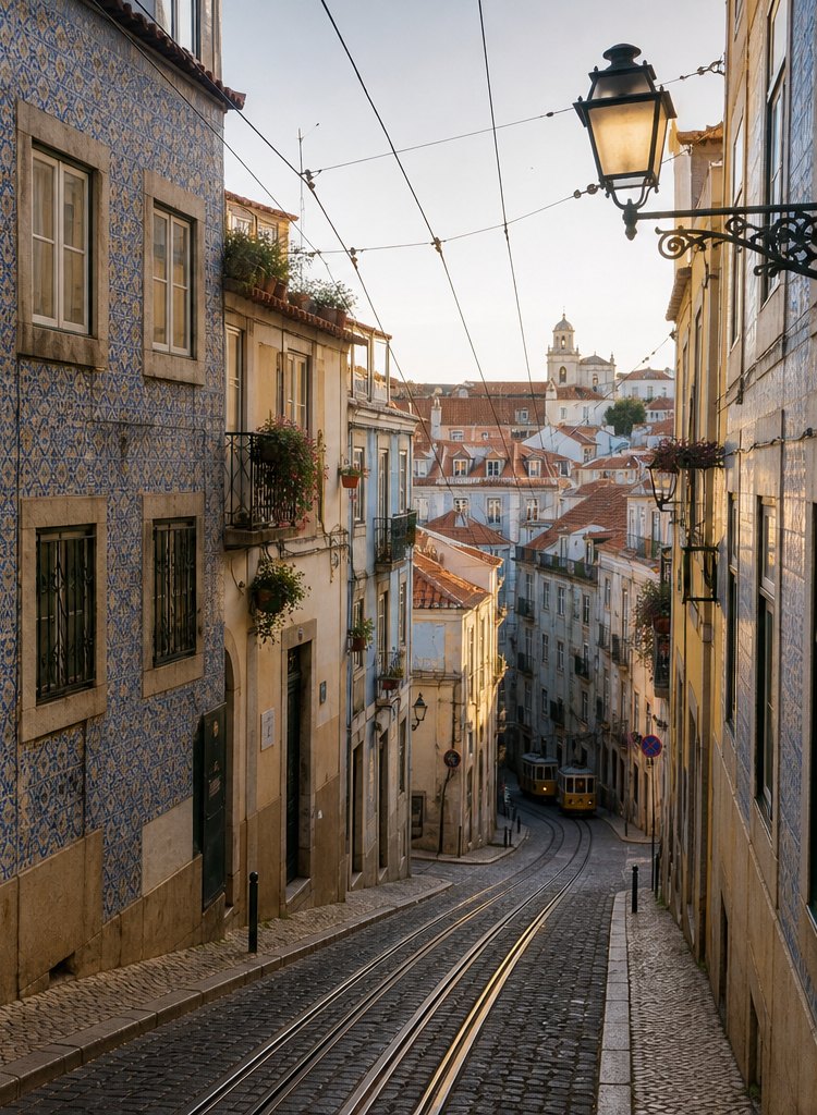 Lisbon street with tram lines and tiled buildings