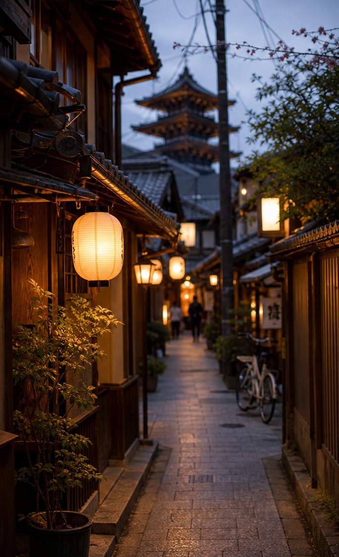Kyoto evening lane with lanterns