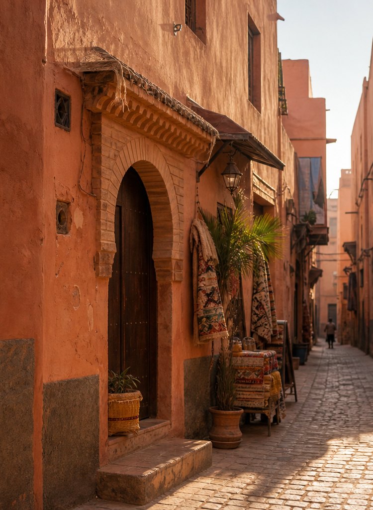 Marrakech clay-colored street at golden hour
