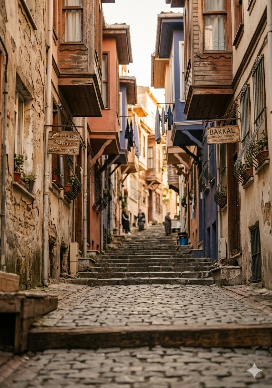 Historic Istanbul street with wooden houses and stone steps