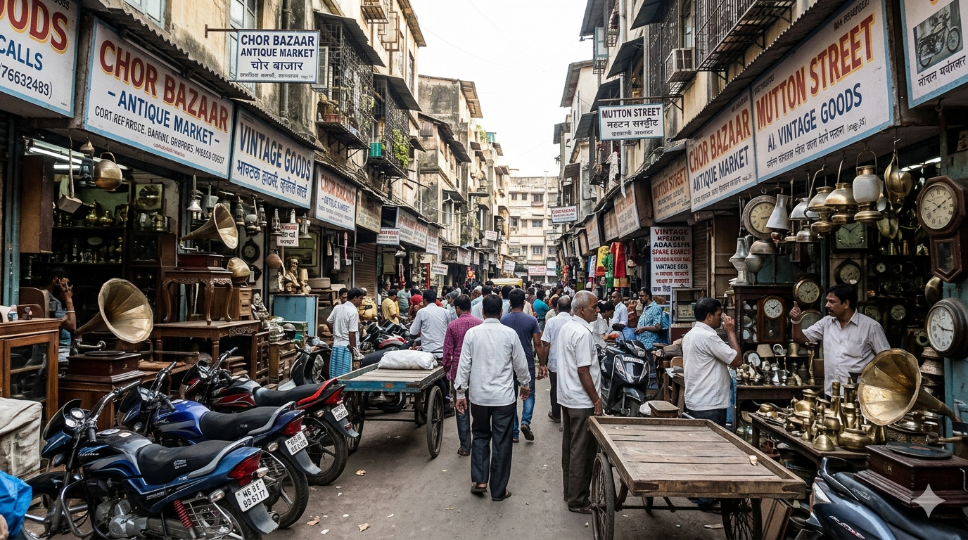 Chor Bazaar antique market street in Mumbai
