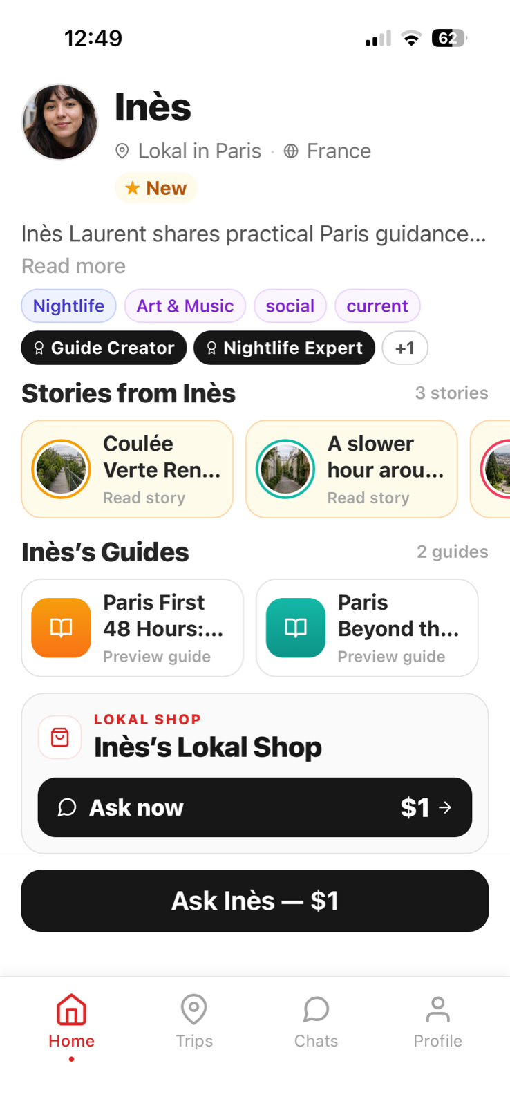Inès's Lokal profile showing her stories, guides, Lokal Shop and one dollar question