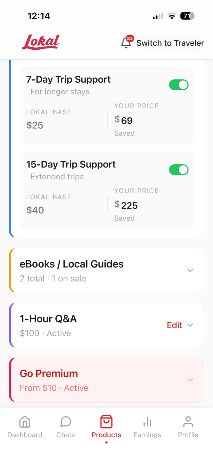 Lokal products and pricing screen showing guides, one-hour Q and A, and Premium
